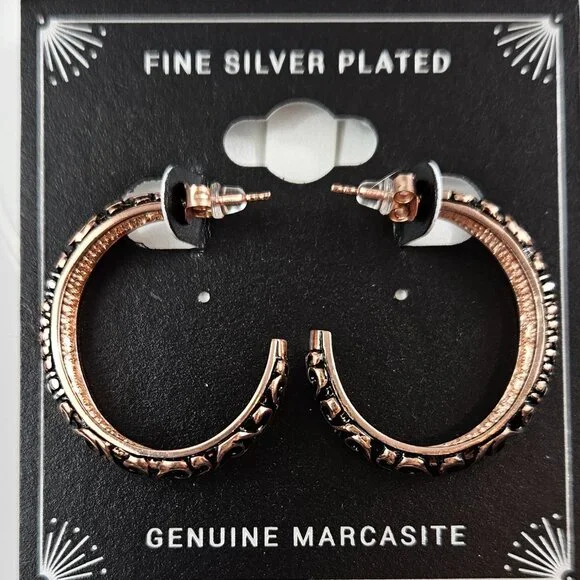NWT Genuine Marcasite Rose Gold Hoops - Picture 2 of 3